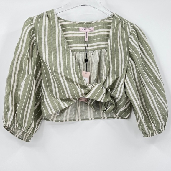 BCBGENERATION MAGDA TIE-FRONT STRIPED CROP TOP OLIVE/IVORY STRIPPED SIZE SMALL - Picture 4 of 11
